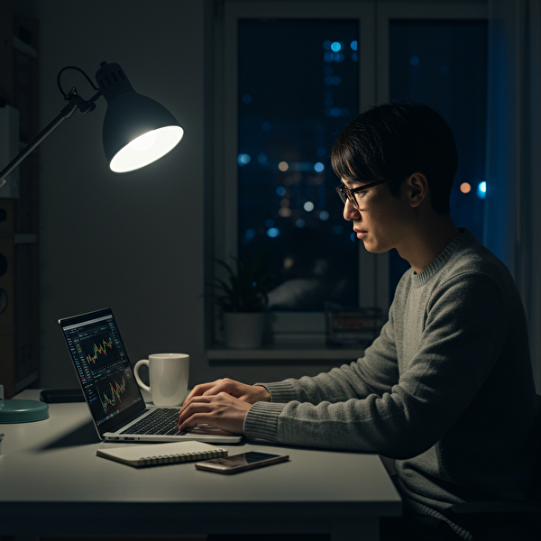 初心者向け夜間FX取引ツールを使って真剣に取引をしている20代の日本人男性。落ち着いた自宅の夜のオフィスでノートパソコンを操作している姿。